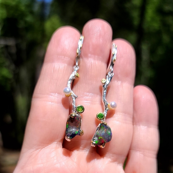 RAW black Opal chrome Diopside pearl & citrine sterling vine earrings - Picture 13 of 13